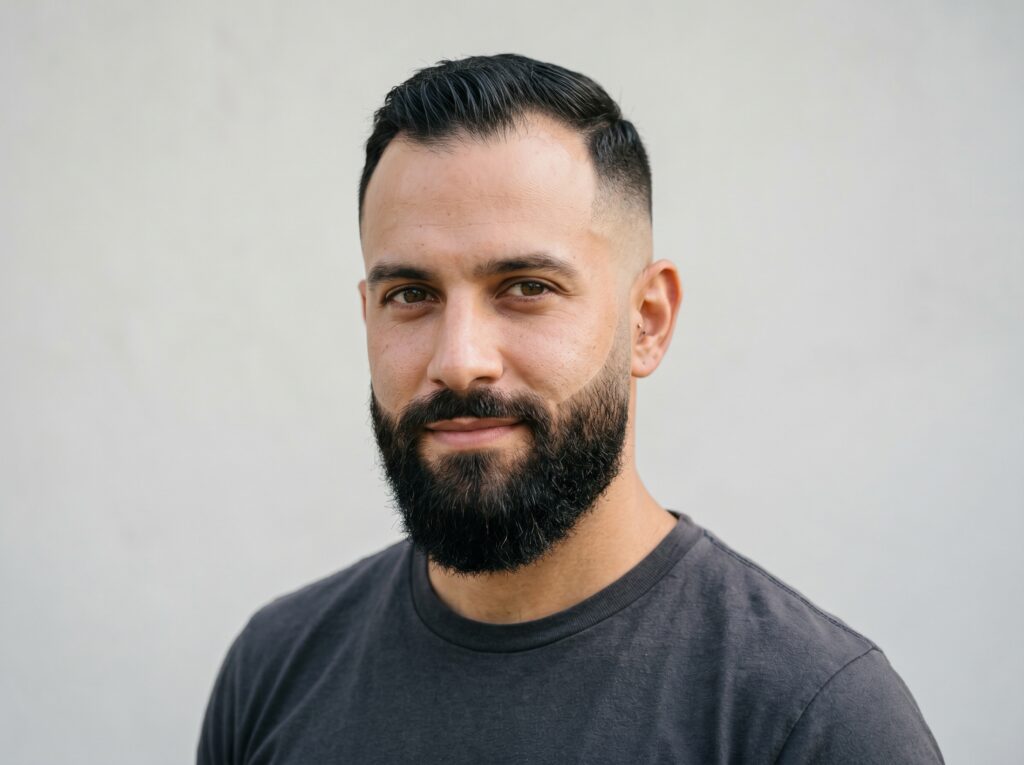 Skin fade haircut with beard for a receding hairline