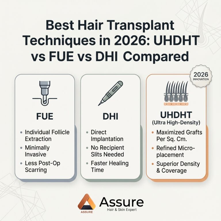 Best hair transplant techniques 2026 — UHDHT vs FUE vs DHI compared by Assure Clinic